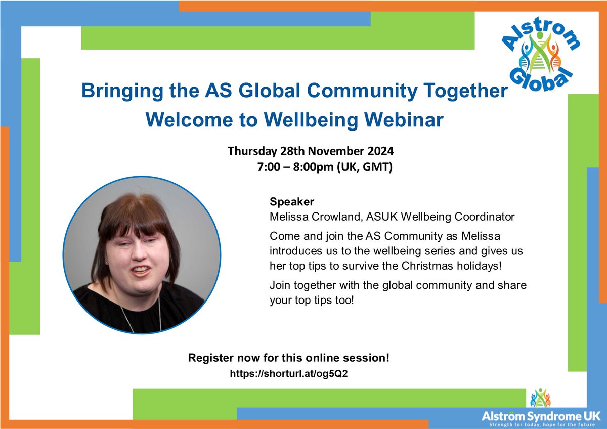 Breaking Down Barriers (@barriersdown) on Twitter photo NEWS ALERT!
We are very excited to announce the <a href="/AS_UK/">Alström Syndrome UK</a> wellbeing series is underway...
Come and join the AS Global community on the 28th November 2024 from 7:00 pm (UK, GMT) as Melissa Crowland introduces the wellbeing series and her top tips to survive the Christmas holidays. NEWS ALERT!
We are very excited to announce the <a href="/AS_UK/">Alström Syndrome UK</a> wellbeing series is underway...
Come and join the AS Global community on the 28th November 2024 from 7:00 pm (UK, GMT) as Melissa Crowland introduces the wellbeing series and her top tips to survive the Christmas holidays.