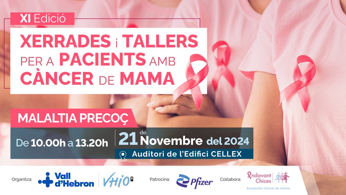 Demà a les 10 h ‼️

 📣 XI Edició de xerrades i tallers per a pacients amb #CàncerMama
🔹 Malaltia precoç
💬 Amb Javier de la Torre, Esther Zamora, Eva Frechilla, Alejandra Cano i <a href="/SghSamira/">Samira Serhir Sgheiri</a>

Cada jornada inclou tres xerrades i dos tallers a triar 👉 linke.to/TallersMalalti…