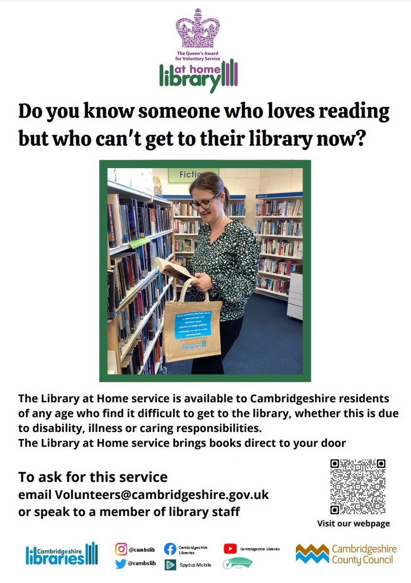 SUNnetworkCambs's tweet image. 📚 Library at Home service delivers books to Cambridgeshire residents who can&apos;t get to the library due to disability, illness or caring responsibilities.

Request this service via email:
📧 Volunteers@cambridgeshire.gov.uk

#LibraryAtHome #Cambridgeshire #Books