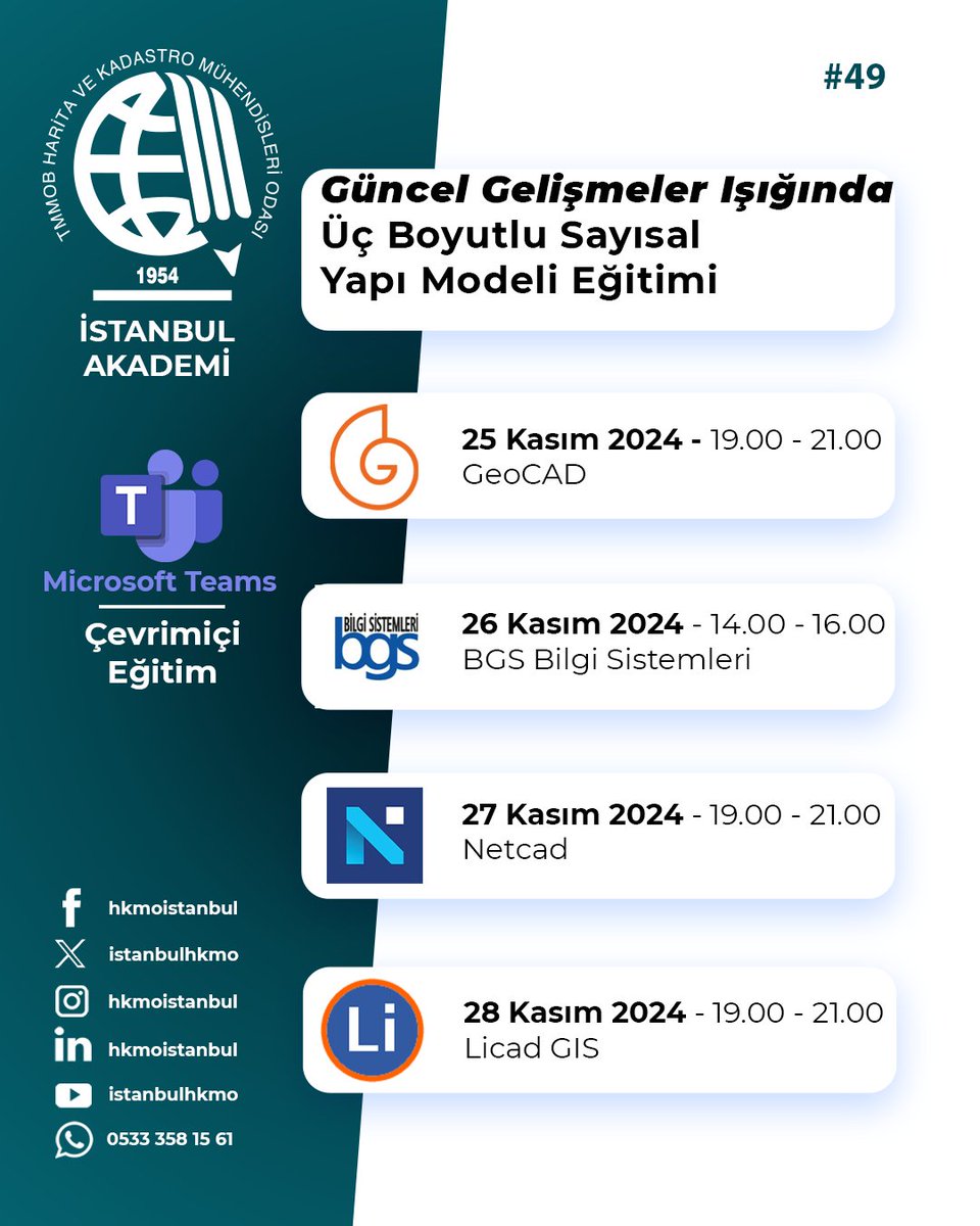 HKMO İstanbul Akademinin 49. etkinliği , “Güncel Gelişmeler Işığında 3B Sayısal Yapı Modeli Eğitimleri” başlığı ile Teams Uygulaması üzerinden online olarak gerçekleştirilecektir.
Eğitimler için kayıt linki:
docs.google.com/forms/d/e/1FAI…
Bilgilerinize sunar, katılımınızı bekleriz.