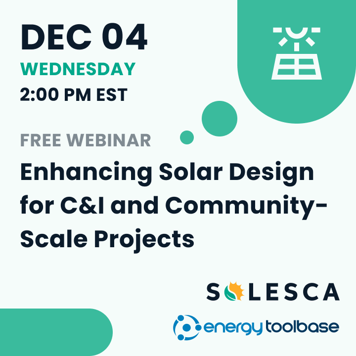 🚀  Looking for the ultimate solar workflow? Ready to close more deals with lightning-fast, accurate designs?

Join <a href="/EnergyToolbase/">Energy Toolbase</a> &amp; Solesca on Dec 4th to learn how solar developers boost productivity with streamlined design + sales!

📅 Register free : buff.ly/49fWWZ3