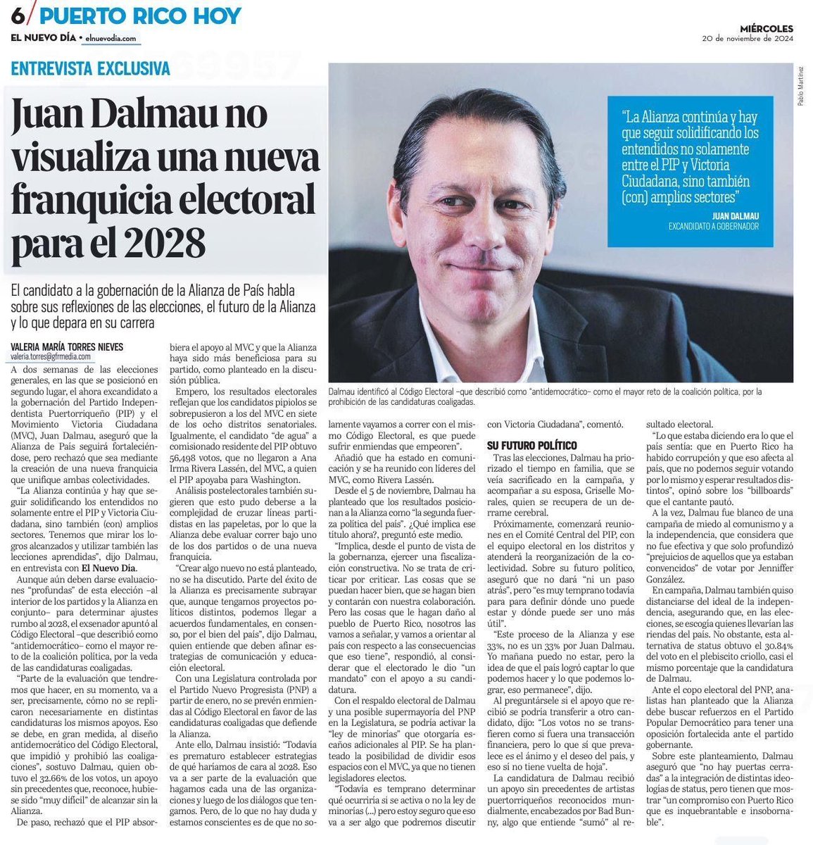La Alianza continúa y hay q seguir solidificando los entendidos no solamente entre el PIP y MVC, sino también (con) amplios sectores. Tenemos q mirar los logros alcanzados y utilizar también las lecciones aprendidas #PatriaNueva