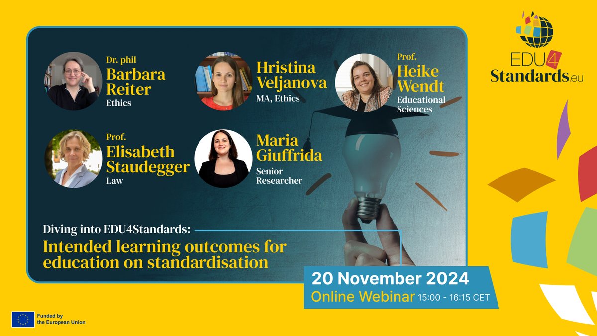 Diving into EDU4Standards: Intended Learning Outcomes for education on standardisation: let's get indeed our Agenda! #1  
Maria Giuffrida, Senior Research Analyst at <a href="/TrustITServices/">Trust-IT Services</a>, welcomed participants to the 2nd EDU4Standards webinar. She introduced the EDU4Standards project
