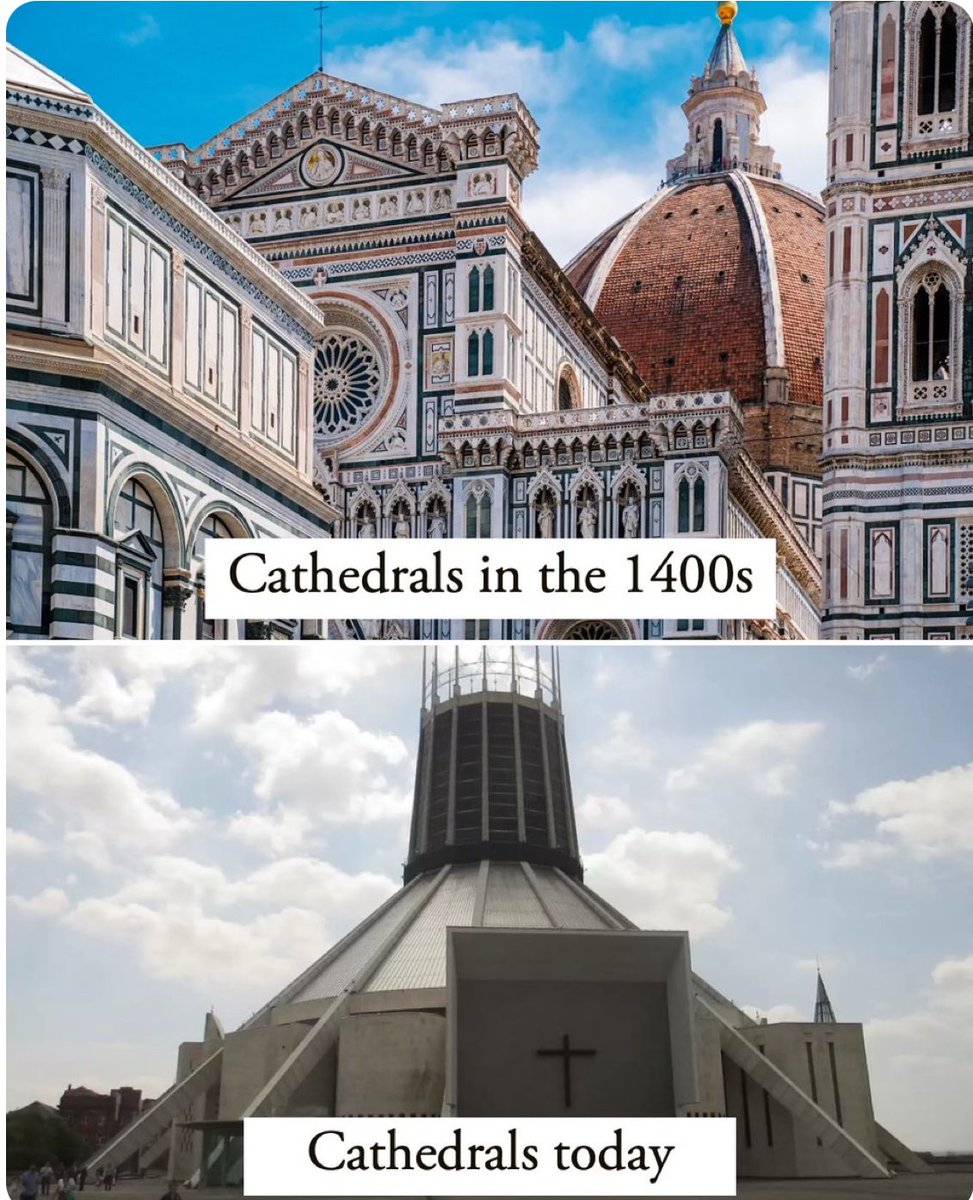 What happened? 

A little something called democracy, which makes society both uncomfortable with being exceptional and forced to take a utilitarian look at building construction, eschewing beauty in the name of cost-cutting 

I’ll explain in the 🧵👇