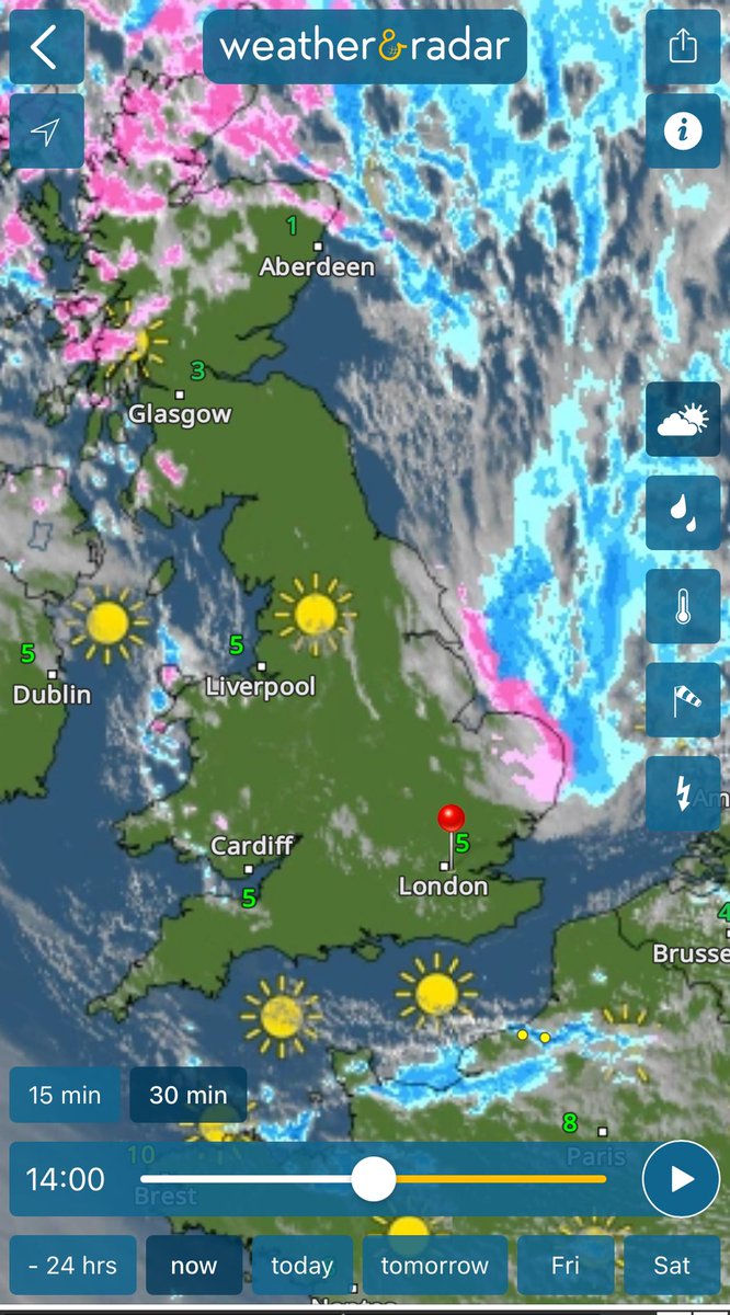 Arctic air and clear blue sky. Tonight will be even colder. 

Area of snow clipping parts of Norfolk.
