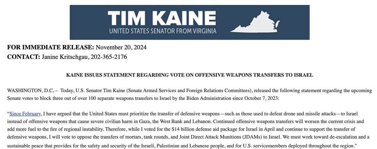 AkbarSAhmed's tweet photo. Big: @timkaine says he will vote against Biden's weapons sales for Israel today.

Expect more bellwether senators to share their positions soon. It's increasingly clear this isn't just a push from a handful of progressives; the key q is whether a majority of Senate Dems sign on. https://t.co/nqrDRgS48l
