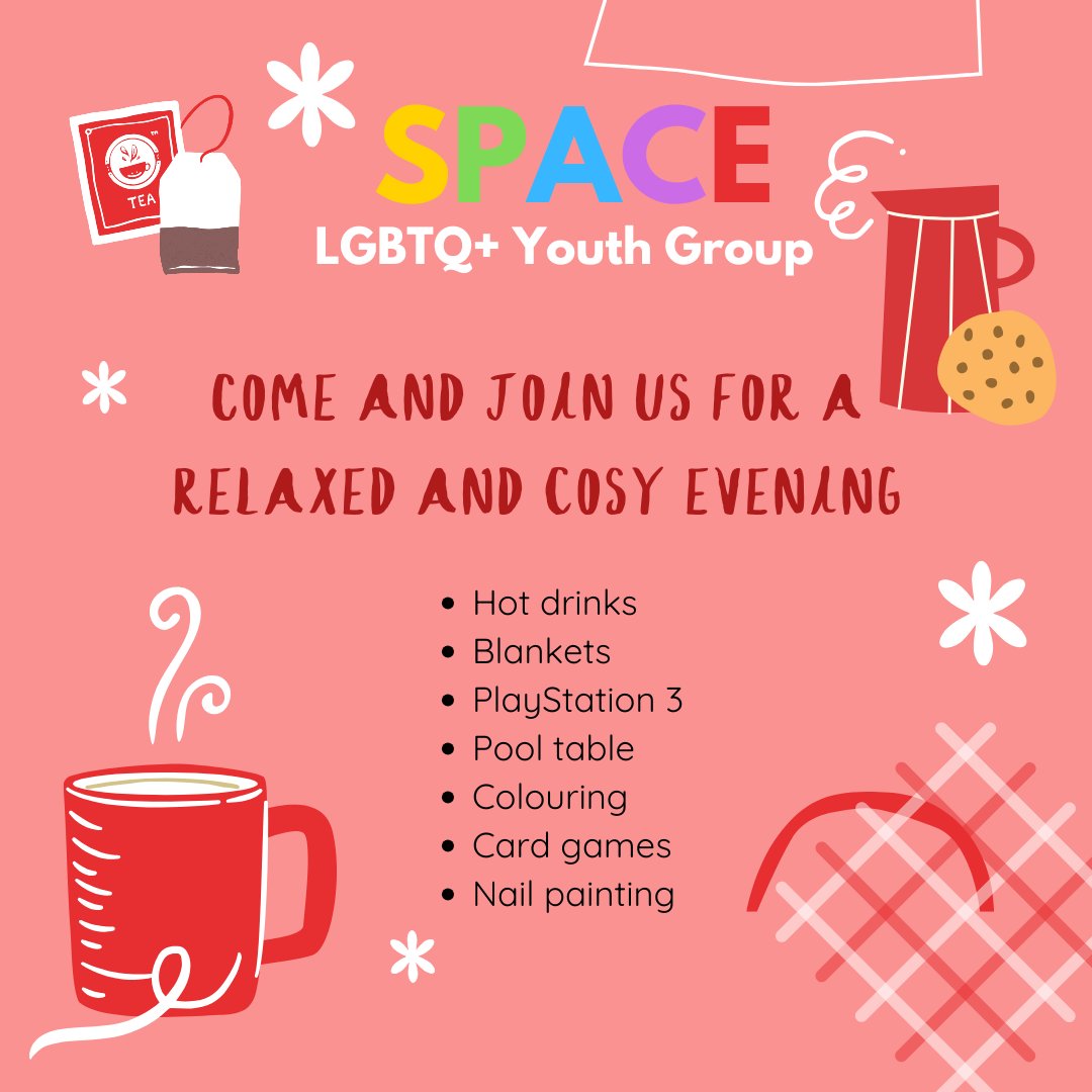🏳️‍⚧️Join us for a cosy evening at SPACE LGBTQ+ youth group tonight at the new time of 6pm-8pm 🏳️‍🌈