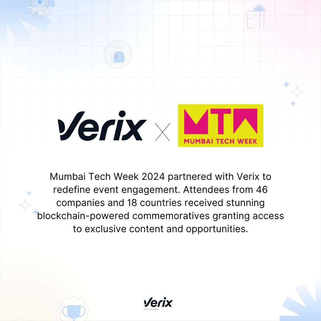 Verix_io's tweet photo. 𝐓𝐫𝐚𝐧𝐬𝐟𝐨𝐫𝐦𝐢𝐧𝐠 𝐓𝐞𝐜𝐡 𝐄𝐯𝐞𝐧𝐭𝐬 𝐰𝐢𝐭𝐡 𝐕𝐞𝐫𝐢𝐱 

At Mumbai Tech Week 2024, Verix introduced blockchain-powered badges that redefined attendee engagement. By partnering with 46 companies — including 15+ unicorns — Verix brought Mumbai’s vibrant tech ecosystem to a global audience.

Attendees got access to exclusive content and one-of-a-kind opportunities such as 1:1s with founders and industry leaders.

The Verix < > MTW collaboration not only boosted engagement but also set a new benchmark for blending technology with celebration.

Ready to redefine your events? Visit us at https://t.co/gKOO3Bm48A.

#BlockchainTechnology #MumbaiTechWeek #EventInnovation #GlobalEngagement #Virtualness