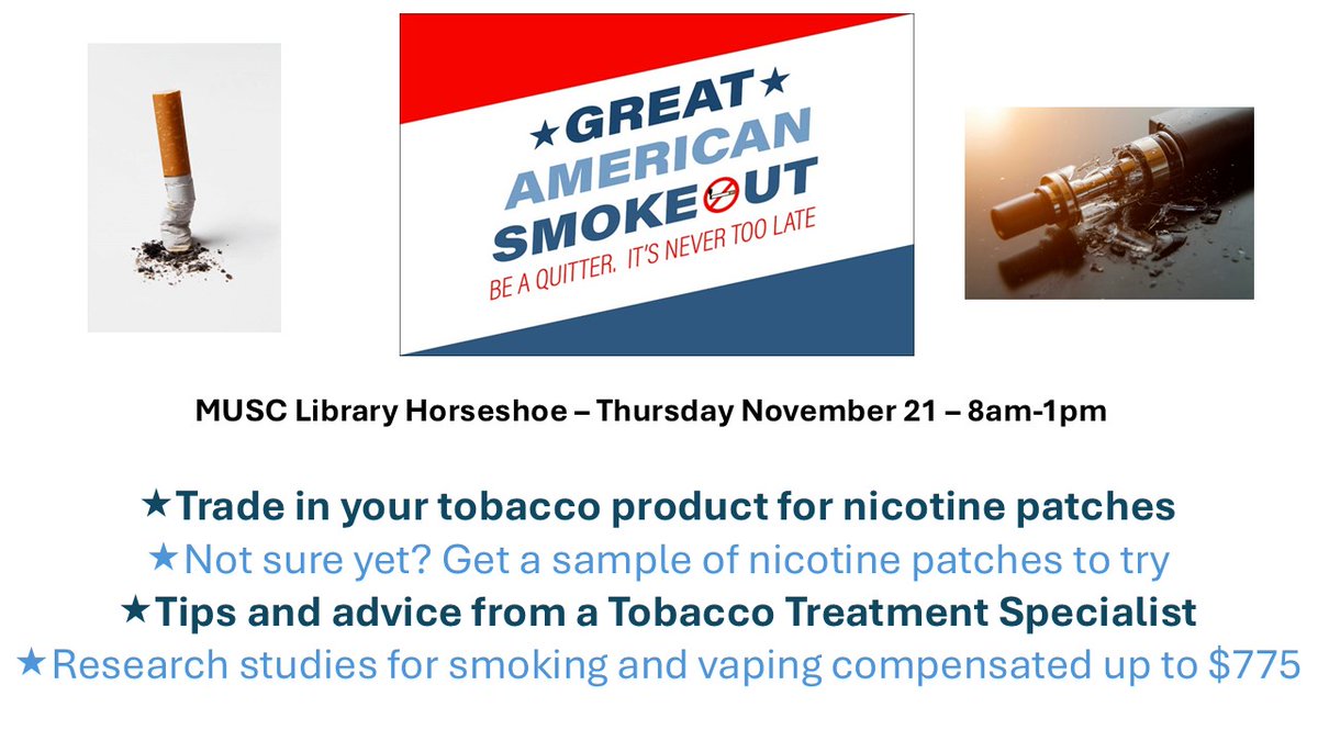 If you're around MUSC tomorrow, come join us for the Great American SmokeOut! <a href="/MUSChealth/">MUSC Health</a> <a href="/muschollings/">MUSC Hollings Cancer Center</a> #greatamericansmokeout