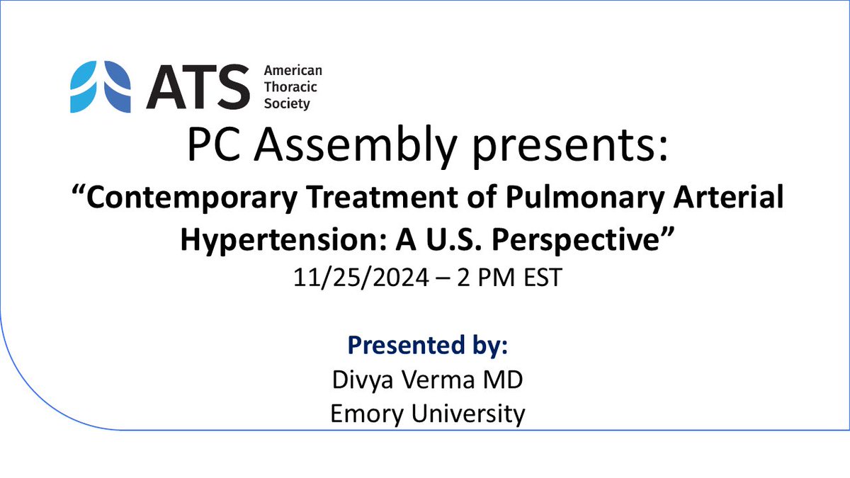 Roberto J. Bernardo, MD, MS, ATSF 🇵🇪🇺🇸 (@rjbernardomd) on Twitter photo Let’s discuss “Contemporary Treatment of Pulmonary Arterial Hypertension: A U.S. Perspective”
Exciting PC Webinar on 11/25 2 PM EST ⏰ <a href="/ATS_PC/">ATS PC Assembly</a>
All star panelists <a href="/SandeepSahayMD/">Sandeep Sahay, MD, MSc</a> <a href="/IoanaPreston/">Ioana Preston</a> <a href="/mardigomberg/">Dr Mardi Gomberg</a> <a href="/JimWhiteCurePAH/">Jim White</a> and MChakinala
Register here: bit.ly/4fyIz45 Let’s discuss “Contemporary Treatment of Pulmonary Arterial Hypertension: A U.S. Perspective”
Exciting PC Webinar on 11/25 2 PM EST ⏰ <a href="/ATS_PC/">ATS PC Assembly</a>
All star panelists <a href="/SandeepSahayMD/">Sandeep Sahay, MD, MSc</a> <a href="/IoanaPreston/">Ioana Preston</a> <a href="/mardigomberg/">Dr Mardi Gomberg</a> <a href="/JimWhiteCurePAH/">Jim White</a> and MChakinala
Register here: bit.ly/4fyIz45