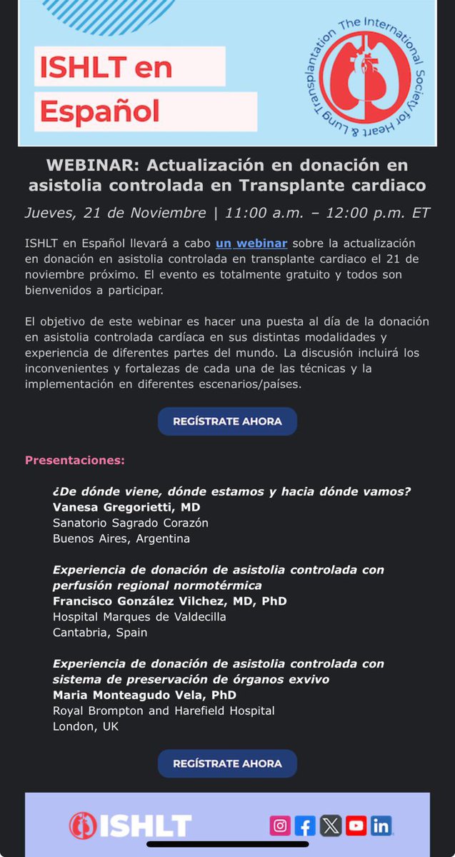 Guillermina Esperon (@guilleresperon) on Twitter photo Webinar de <a href="/ISHLT/">The ISHLT</a> en español
Actualización en donación en asistolia controlada en Transplante cardiaco
Jueves 21 de nov
<a href="/vanegrego/">Vanesa Gregorietti</a> <a href="/MartaFarrero/">Marta Farrero</a> <a href="/paomorejon/">Paola Morejón Barragán</a> <a href="/FlorenciaRenedo/">Maria Florencia Renedo</a> <a href="/MonteagudoVela/">Maria Monteagudo-Vela</a> <a href="/lucreciamburgos/">Lucrecia M. Burgos, MD</a>
<a href="/satxarg/">SAT</a> <a href="/SAC_54/">Sociedad Argentina de Cardiología</a> <a href="/htp_ic/">Consejo IC HTP</a> Webinar de <a href="/ISHLT/">The ISHLT</a> en español
Actualización en donación en asistolia controlada en Transplante cardiaco
Jueves 21 de nov
<a href="/vanegrego/">Vanesa Gregorietti</a> <a href="/MartaFarrero/">Marta Farrero</a> <a href="/paomorejon/">Paola Morejón Barragán</a> <a href="/FlorenciaRenedo/">Maria Florencia Renedo</a> <a href="/MonteagudoVela/">Maria Monteagudo-Vela</a> <a href="/lucreciamburgos/">Lucrecia M. Burgos, MD</a>
<a href="/satxarg/">SAT</a> <a href="/SAC_54/">Sociedad Argentina de Cardiología</a> <a href="/htp_ic/">Consejo IC HTP</a>