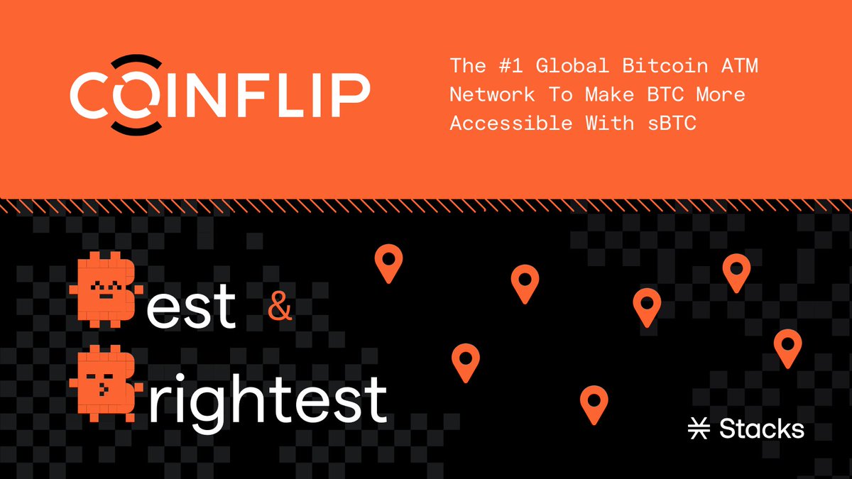 Stacks's tweet image. We’re excited to announce the newest Best &amp;amp; Brightest partner for sBTC: CoinFlip, the #1 global Bitcoin ATM network 🟧

CoinFlip is breaking barriers to make programmable Bitcoin accessible to everyone, with their support for sBTC &amp;amp; integration the leading Bitcoin L2 Stacks. 1/6
