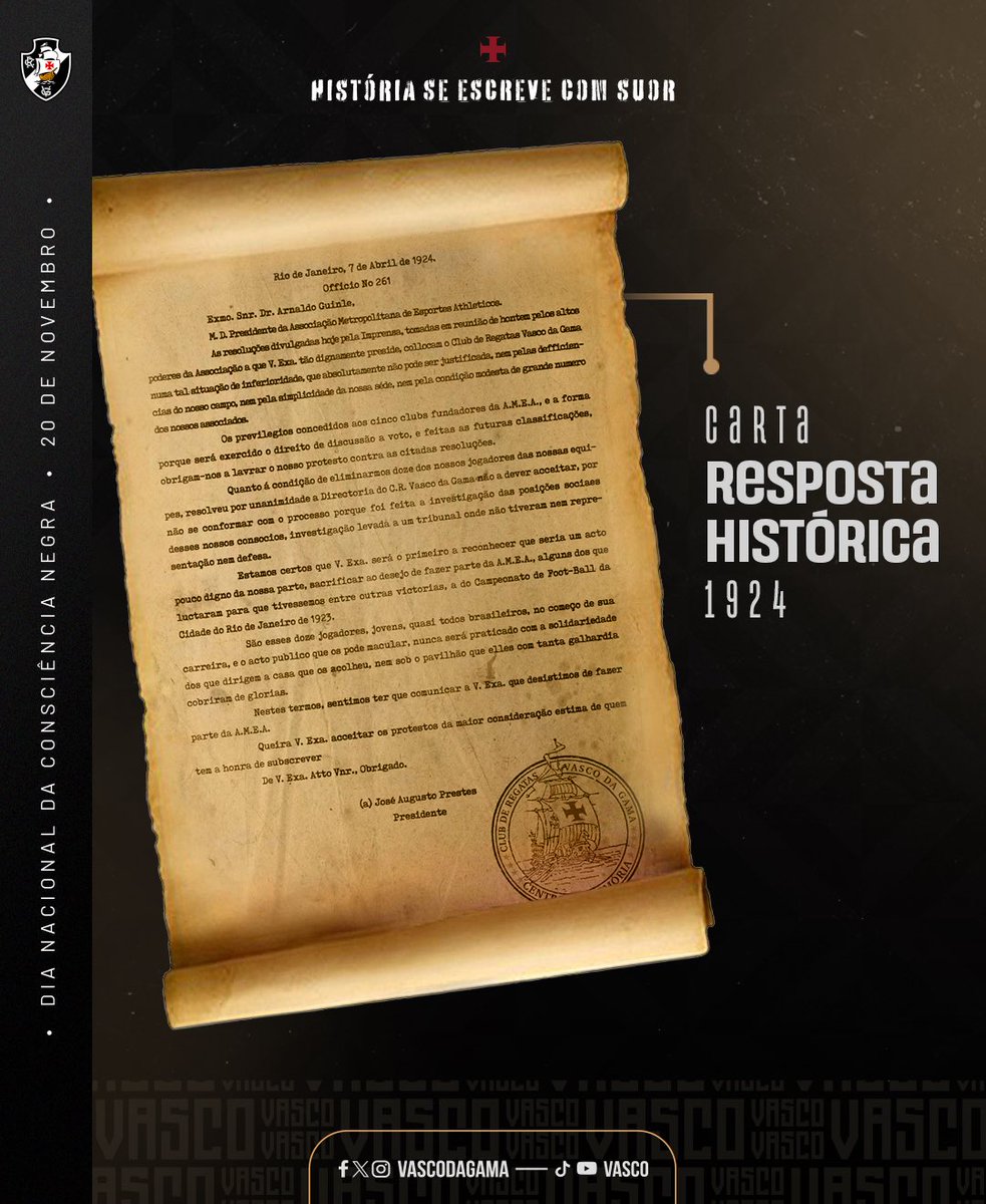 VascodaGama's tweet photo. 𝐑𝐞𝐬𝐩𝐨𝐬𝐭𝐚 𝐇𝐢𝐬𝐭ó𝐫𝐢𝐜𝐚 

Em 1924, há 100 anos, este documento atuou contra o racismo ao não abrirmos mão dos jogadores negros e operários, desafiando a elite da época.

Este gesto corajoso fortaleceu a luta contra o preconceito no Brasil e eternizou o nosso compromisso na luta por 𝐑𝐞𝐬𝐩𝐞𝐢𝐭𝐨, 𝐈𝐠𝐮𝐚𝐥𝐝𝐚𝐝𝐞 𝐞 𝐈𝐧𝐜𝐥𝐮𝐬ã𝐨. 

#VascoDaGama