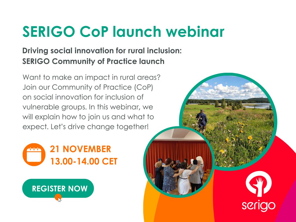 We're building a Community of Practice on social innovation for #inclusion of vulnerable groups in #RuralAreas. Want to collaborate with us? Learn more on our launch webinar tomorrow! 🚀 

📍21st November, 1pm CET

More info and registration here: serigo-project.eu/event/serigo-c…