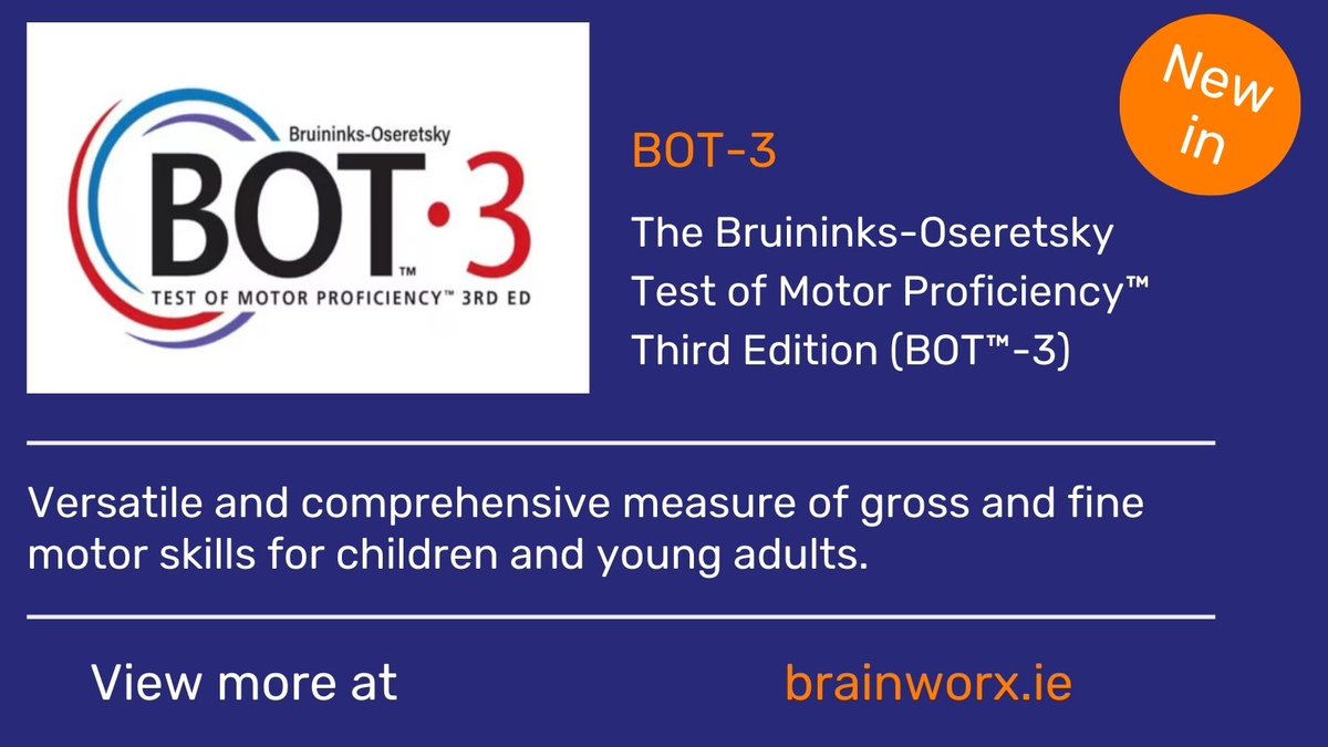 The BOT-3 is a versatile &amp; comprehensive measure of gross &amp; fine motor skills for children &amp; young adults. Visit Brainworx at: brainworx.ie/in-the-worx/28…
#BOT3 #motorproficiency #grossmotorskills #filemotorskills #motorchallenges #motorimpairments #motortraining #FineMotorPrecision