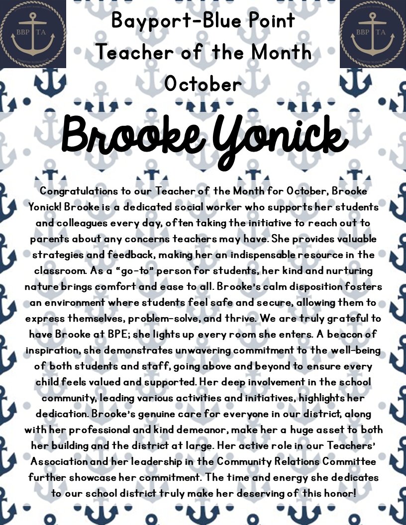 Bayport-Blue Point (@bbpschools) on Twitter photo Congratulations to <a href="/eibbpta/">Bayport-Blue Point Teacher's Association</a> Teacher of the Month for October, Ms. Yonick! <a href="/BPESchool/">Blue Point Elementary School</a> <a href="/BluePointPTA/">BPE PTA</a>
#ThankATeacher #ThankASocialWorker #TeacherOfTheMonth Congratulations to <a href="/eibbpta/">Bayport-Blue Point Teacher's Association</a> Teacher of the Month for October, Ms. Yonick! <a href="/BPESchool/">Blue Point Elementary School</a> <a href="/BluePointPTA/">BPE PTA</a>
#ThankATeacher #ThankASocialWorker #TeacherOfTheMonth