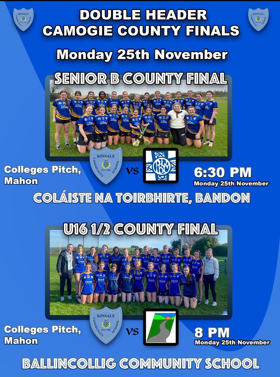 KCS PE & Sport (@kcspe1996) on Twitter photo Best of luck to <a href="/KinsaleComSch/">Kinsale Community School</a> Senior Camogie Teams in the Cork County Final Double Header. All roads lead to Castle road this Monday <a href="/KinsaleGaa/">Kinsale GAA</a> <a href="/CourceysGAA/">Courcey Rovers</a> <a href="/sliabhrua1/">Sliabh Rua H & F </a> <a href="/TractonGAAClub/">Official Tracton GAA</a> <a href="/Ballinhassigcam/">Ballinhassig Camogie</a> <a href="/KinsaleObserver/">JJ Hurley</a> Best of luck to <a href="/KinsaleComSch/">Kinsale Community School</a> Senior Camogie Teams in the Cork County Final Double Header. All roads lead to Castle road this Monday <a href="/KinsaleGaa/">Kinsale GAA</a> <a href="/CourceysGAA/">Courcey Rovers</a> <a href="/sliabhrua1/">Sliabh Rua H & F </a> <a href="/TractonGAAClub/">Official Tracton GAA</a> <a href="/Ballinhassigcam/">Ballinhassig Camogie</a> <a href="/KinsaleObserver/">JJ Hurley</a>