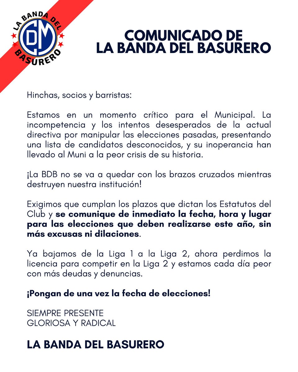 DelBasurero's tweet photo. COMUNICADO DE LA BDB69

PONGAN DE UNA VEZ LA FECHA PARA LAS ELECCIONES! EL @CCDMunicipal YA NO PUEDE AGUANTAR TANTA MEDIOCRIDAD!
#EchaMuni
#BDB69 https://t.co/0LJc60XHja