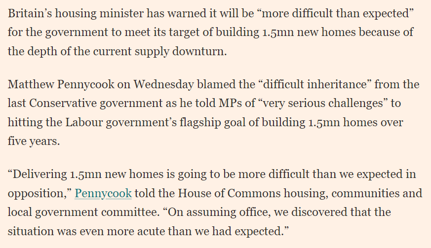 Note that every single single reason that this government will fail to meet its self-imposed target of 1.5 million net additional homes over this 5-year Parliament was already known well in advance of them coming to power in July. 
#ukhousing #housing