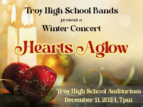 See you in three weeks for an inspiring evening full of seasonal selections on Wednesday, Dec. 11, 7 p.m. The Troy High Bands' annual Winter Concert will feature performances from the Campus, Cadet, Concert, and Symphonic Bands, as well as the Jazz Ensemble. #troycoltbands