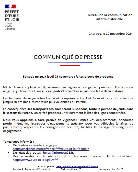 Prefet28's tweet image. #Neige l Météo-France prévoit des chutes de neige ce jeudi 21 novembre en Eure-et-Loir. Faites preuve de prudence et retrouvez les premières informations utiles dans notre communiqué de presse ⤵️