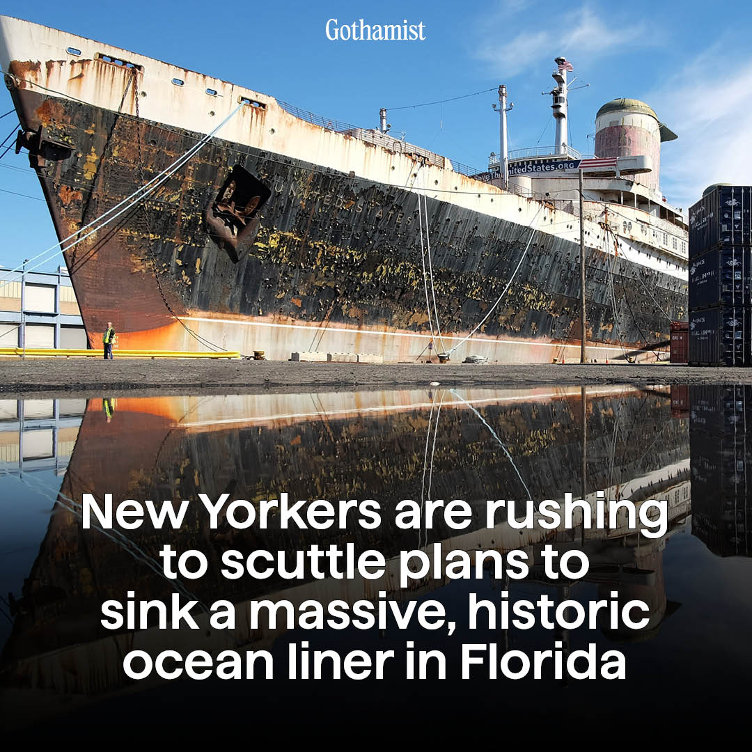 Gothamist's tweet photo. A Brooklyn concrete magnate is making a last minute effort to bring a crumbling, historic ocean liner to the Red Hook waterfront in an attempt to spare it from plans to sink it in Florida to create an artificial reef: https://t.co/tjHSDkzhki https://t.co/ZE8s3h20yC