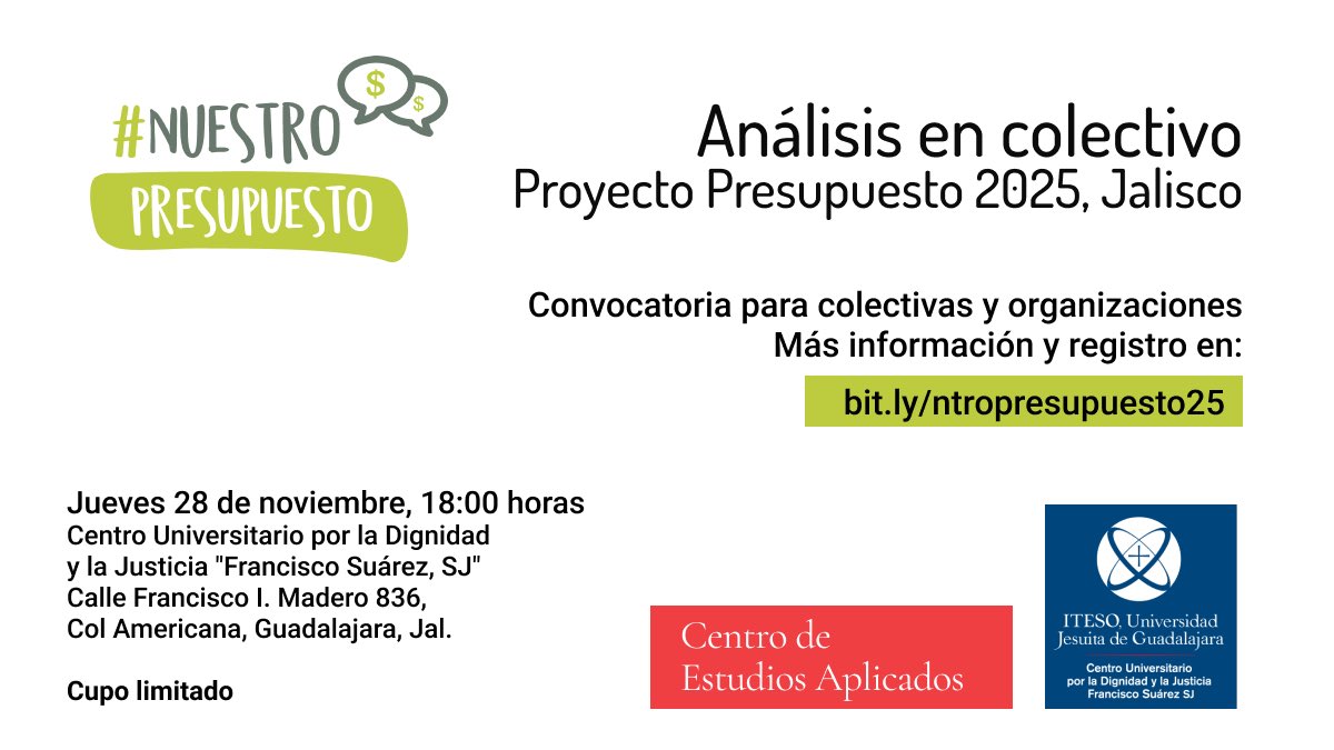 #NuestroPresupuesto (@ntropresupuesto) on Twitter photo El próximo jueves 28 estaremos realizando un análisis en colectivo para generar preguntas y cuestionamientos al <a href="/LegislativoJal/">Congreso de Jalisco</a> sobre el proyecto de #Presupuesto2025
Más información y registro en bit.ly/ntropresupuest… El próximo jueves 28 estaremos realizando un análisis en colectivo para generar preguntas y cuestionamientos al <a href="/LegislativoJal/">Congreso de Jalisco</a> sobre el proyecto de #Presupuesto2025
Más información y registro en bit.ly/ntropresupuest…