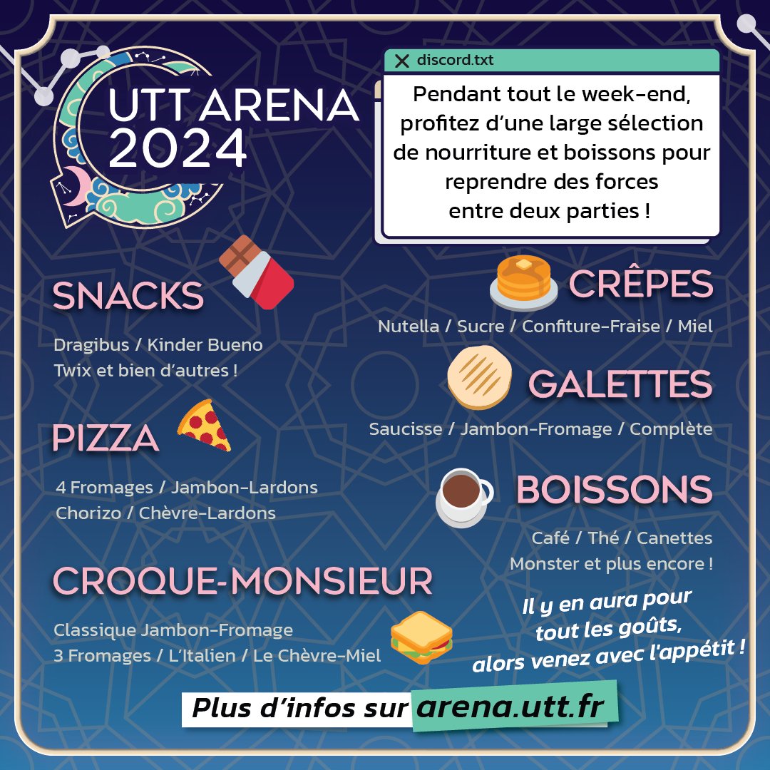 🍴 Faim entre deux matchs ?

À l’UTT Arena, profitez d’une large sélection :

🥪 Croque-monsieurs
🍕 Pizzas
🌭 Galettes
🥞 Crêpes 🍫 Snacks
☕ Boissons chaudes &amp; froides

Il y en aura pour tous les goûts ! 🔥 :

➡️ Plus d'infos : arena.utt.fr