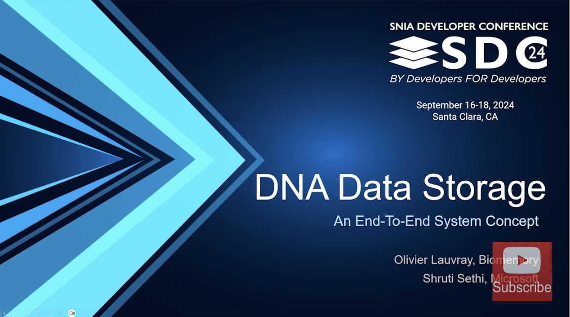 📺 Now on demand! Olivier Lauvray of <a href="/BiomemoryLabs/">Biomemory</a> (<a href="/DnaDataStorage/">DNA Data Storage Alliance</a> Alliance member) and Shruti Sethi of Microsoft presented “DNA Data Storage "End-to-End" System Concept” at <a href="/SNIA/">SNIA</a>’s #SC24. 

Watch it here: sniadeveloper.org/events/agenda/…