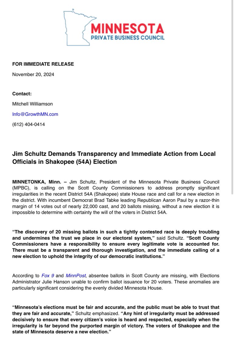 Jim Schultz Demands Transparency and Immediate Action from Local Officials in Shakopee (54A) Election 👇🏻