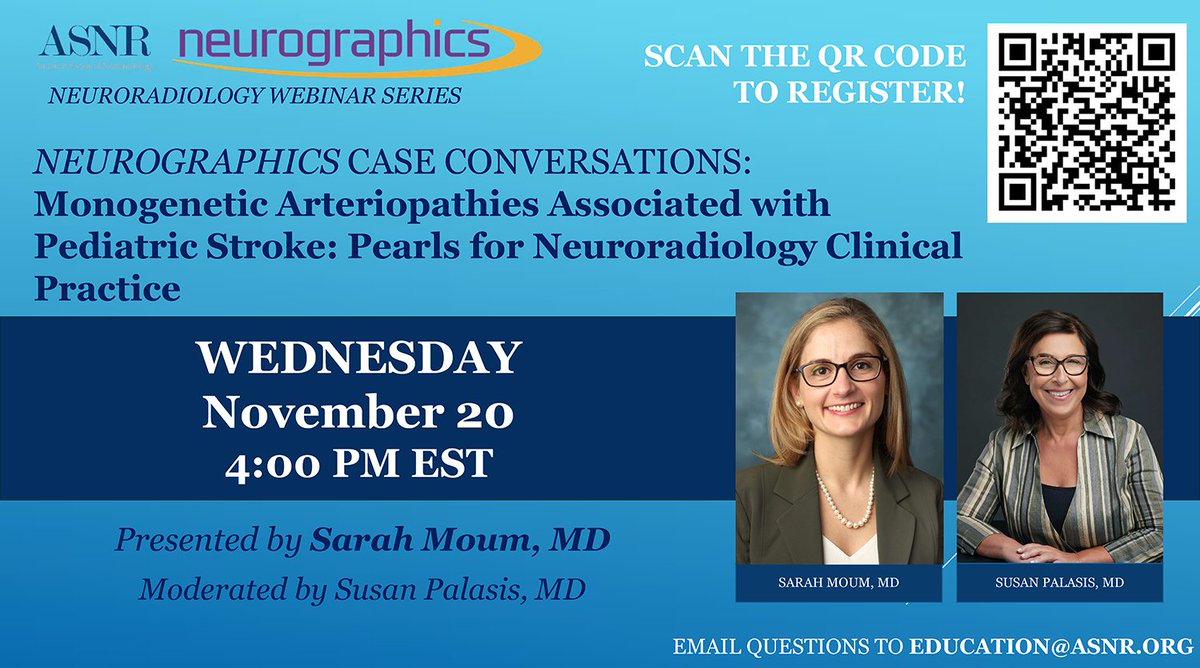 There's still time to register for today's (11/20) free webinar. Join us at 4:00 pm ET for Neurographics Case Conversations: Monogenetic Arteriopathies Associated with Pediatric Stroke: Pearls for Neuroradiology Clinical Practice. Get all the info: ow.ly/JmqK50U63wC
#ASNR