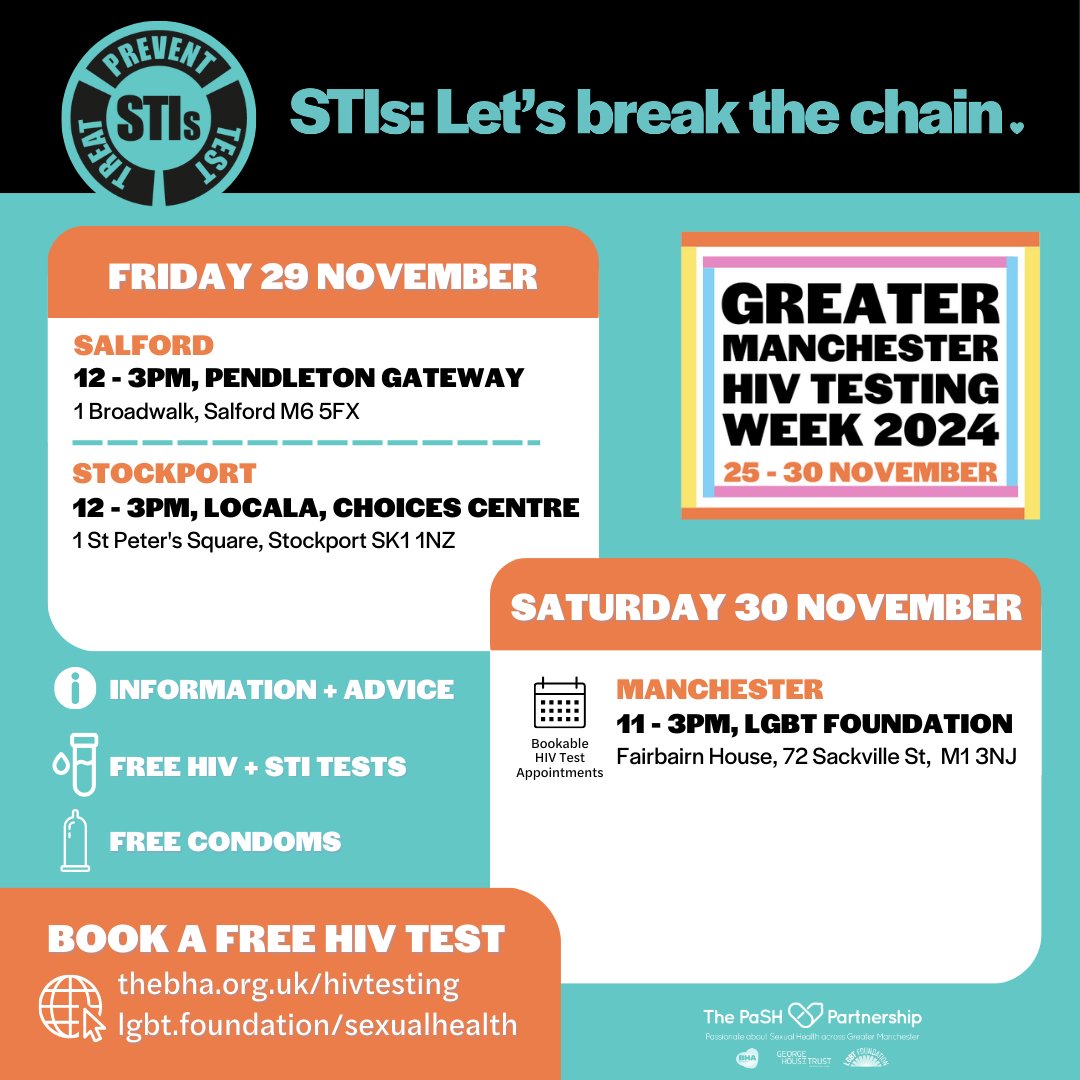 We are supporting Greater Manchester HIV Testing Week! If you don’t know your HIV status, now is the best time to find out! #SortHIV #GMHIVTestingWeek  
HIV Testing | PaSH