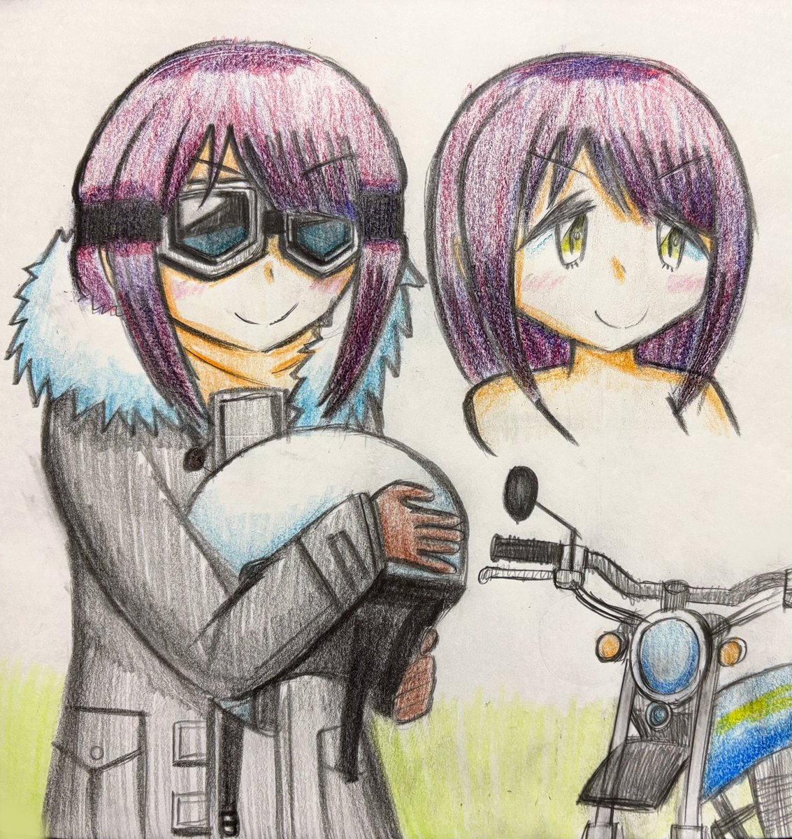ゆるキャン「#土岐綾乃 (ヘルメット無ゴーグル有)こんな組み合わせも見てみたいから描いちった」|青葉クワックス🍥逃走中×謎解きのイラスト