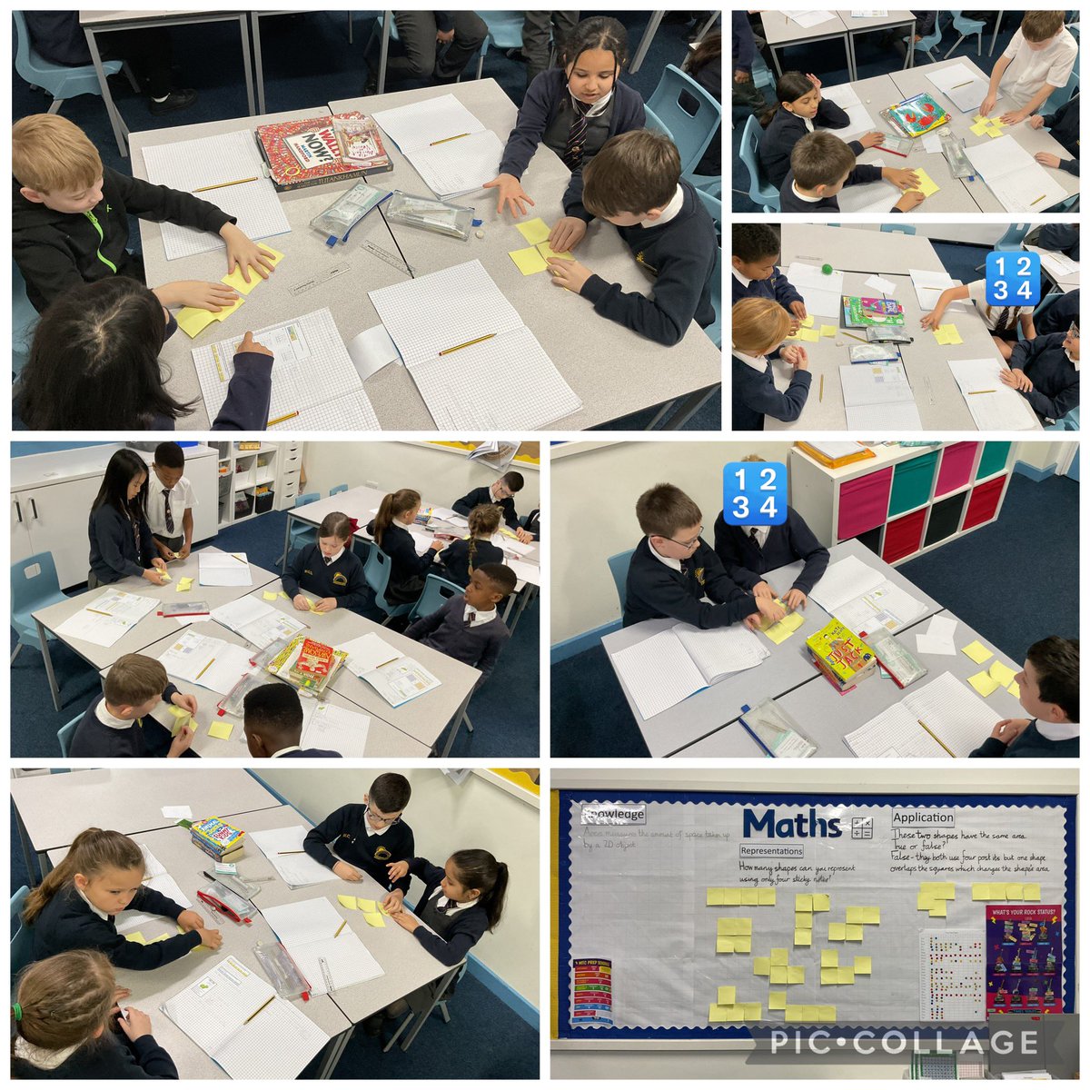 MRPAyear4a's tweet photo. Using sticky notes to represent 2D shapes with the same area but different layouts #MRPALearning #MRPAMaths @MRPA_Maths https://t.co/Qc8eqpVjnB