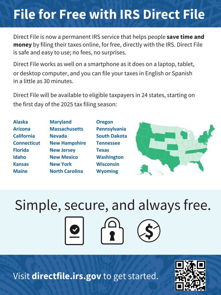 CashRochester's tweet photo. #taxtip: IRS Direct File allows taxpayers to easily file taxes online
directly with the IRS – for free. Roughly 30 million taxpayers across those 24 states will be eligible to use Direct File to file 2024 federal tax returns during the 2025 tax filing season. https://t.co/lm4Rsv2tZA