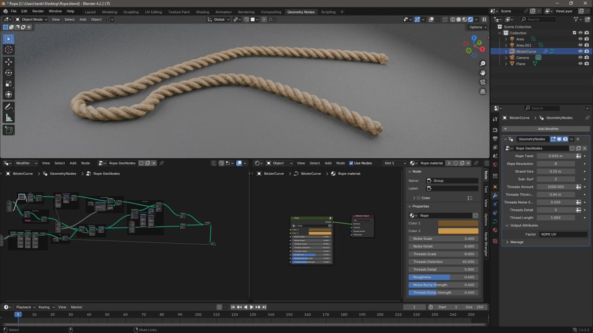 Tankred_Daeron's tweet image. Procedural customizable rope. I can make a rope for your cove.

#blender3D #3D #ProceduralMaterial #Procedural #b3d