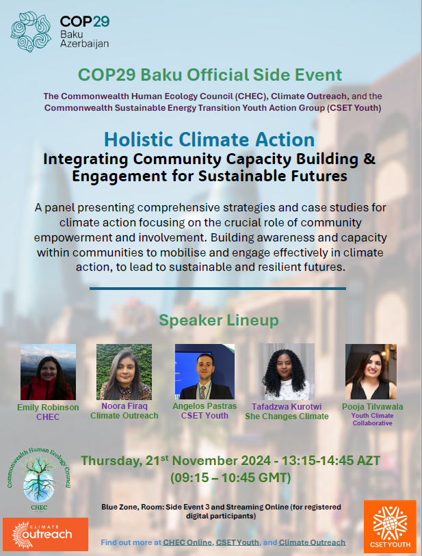 Climate Outreach (@climateoutreach) on Twitter photo If youโre at #COP29 join us tomorrow for โHolistic Climate Action: Integrating Community Capacity Building & Engagement for Sustainable Futuresโ co-hosted with the Commonwealth Human Ecology Council (CHEC) and <a href="/commonwealthsec/">The Commonwealth</a>
๐
21 Nov, 13:15 โ 14:45 AZT (9:15 โ 10:45 GMT)
๐ If youโre at #COP29 join us tomorrow for โHolistic Climate Action: Integrating Community Capacity Building & Engagement for Sustainable Futuresโ co-hosted with the Commonwealth Human Ecology Council (CHEC) and <a href="/commonwealthsec/">The Commonwealth</a>
๐
21 Nov, 13:15 โ 14:45 AZT (9:15 โ 10:45 GMT)
๐