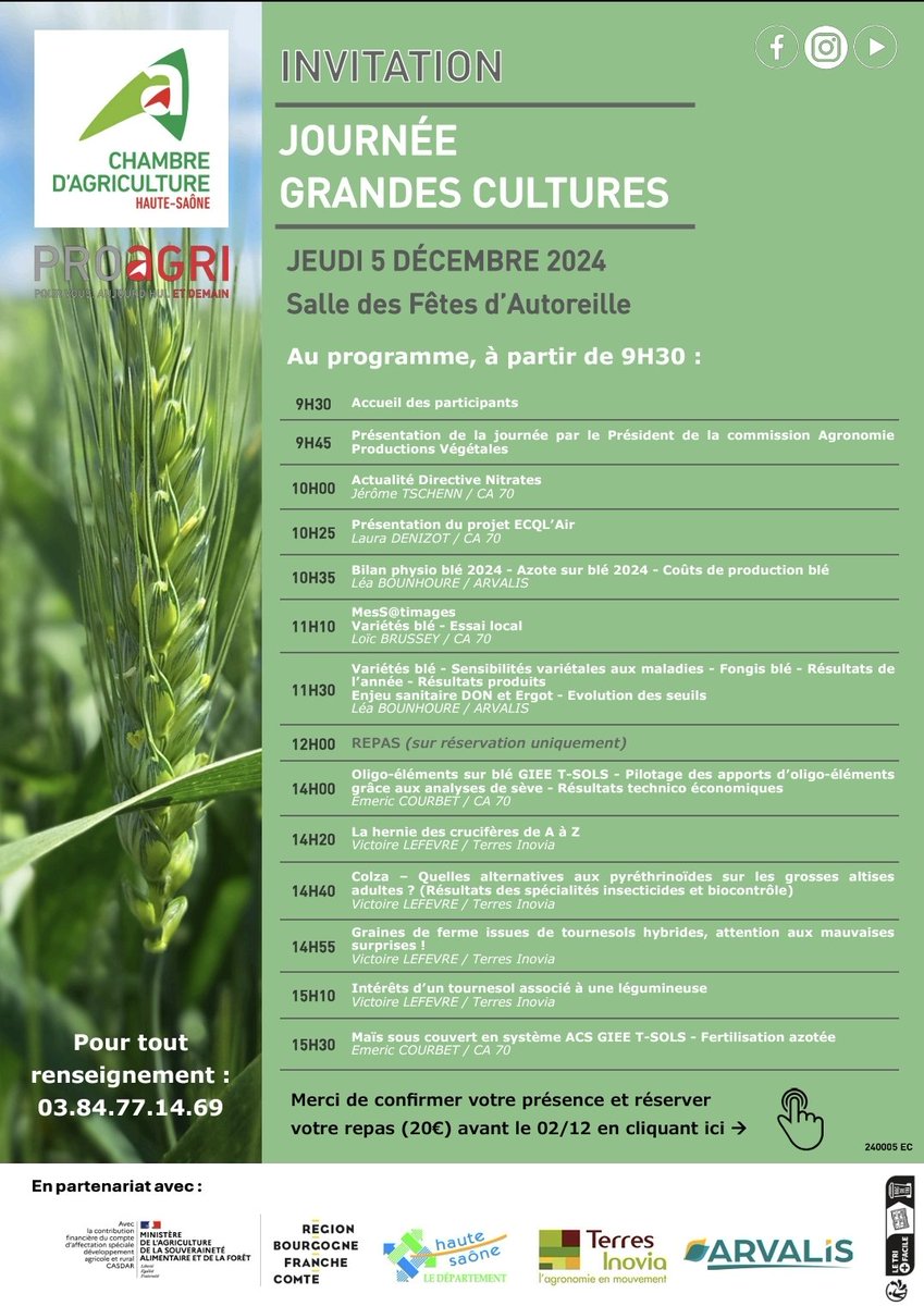 micdundee25's tweet photo. la #CA70 vous invite aux journées #GrandesCultures 2024. 

2 dates :

-  Jeudi 5 Décembre 9h30 à 16h30 à AUTOREILLE 70-  réserver votre repas (20€) 

- VENDREDI 6 décembre de 9h30 à 12h00 à Noroy 70 à la salle Pierre BRICE

Voir programmes https://t.co/g7YwwISXqx