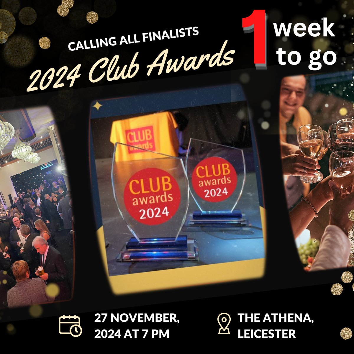 One week until we will be celebrating all that's great about clubs across the UK at the 2024 Club Awards. We are looking forward to welcoming all the Club Awards finalists to The Athena in Leicester on Wednesday 27th when we find out who the winners are. #clubawards