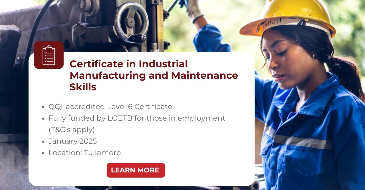 Enhance Your Industrial Skills with the Fully Funded Certificate in Industrial Manufacturing and Maintenance Skills (CIMMS).   

Limited spots for the January intake.   

🔗 Learn more and apply: essltd.ie/certificate-in…