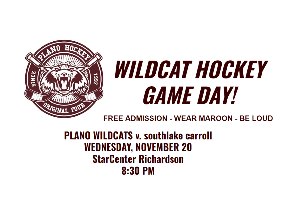 Game Day! 🏒 Plano Wildcats vs. Southlake Carroll. Free admission, wear maroon, &amp; get loud! 📅 Nov 20 🕣 8:30 PM 📍 StarCenter Richardson. Let’s support our team! #PlanoHockey #WildcatPride