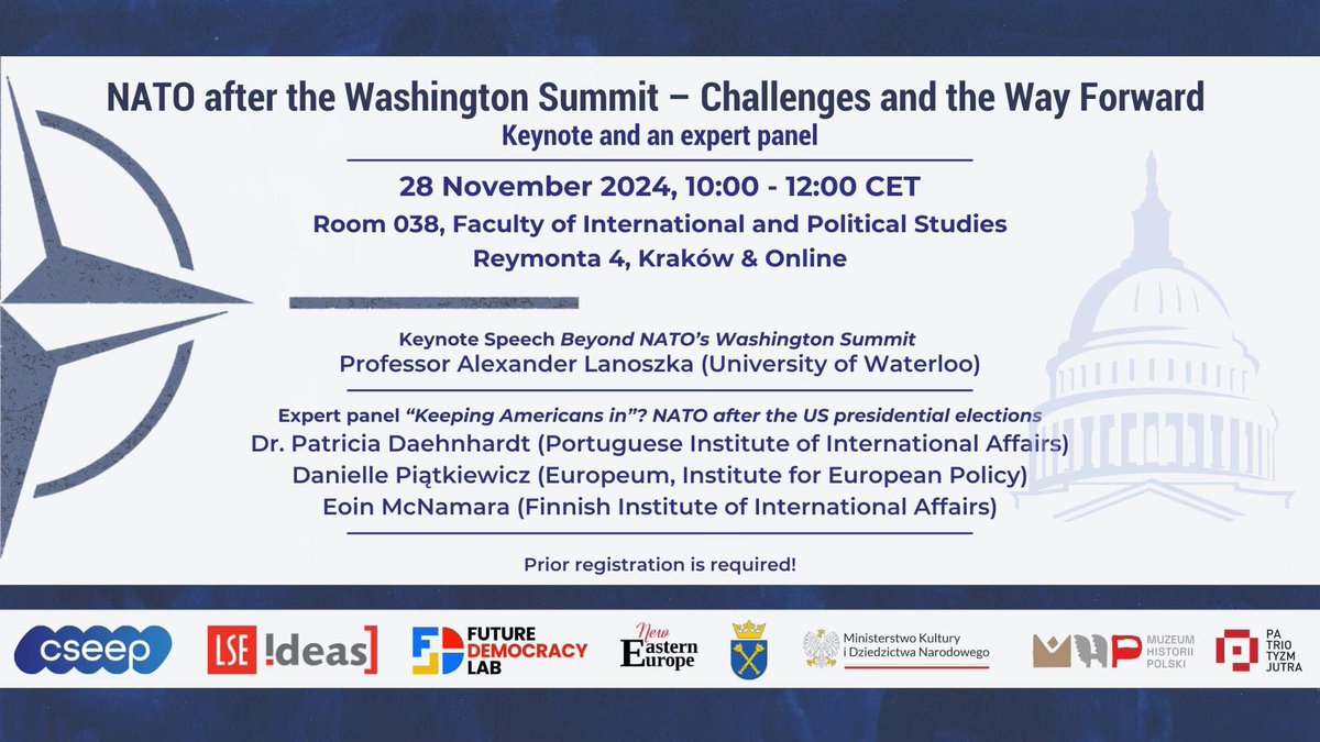 Exciting things ahead! Join us for a keynote and an expert panel on the future of #NATO after the #Washington Summit! 

When: Nov 28 at 10am CET
Where: Room 38, Reymonta 4 in Krakow and Online

More info: facebook.com/share/15Qo5Sne…