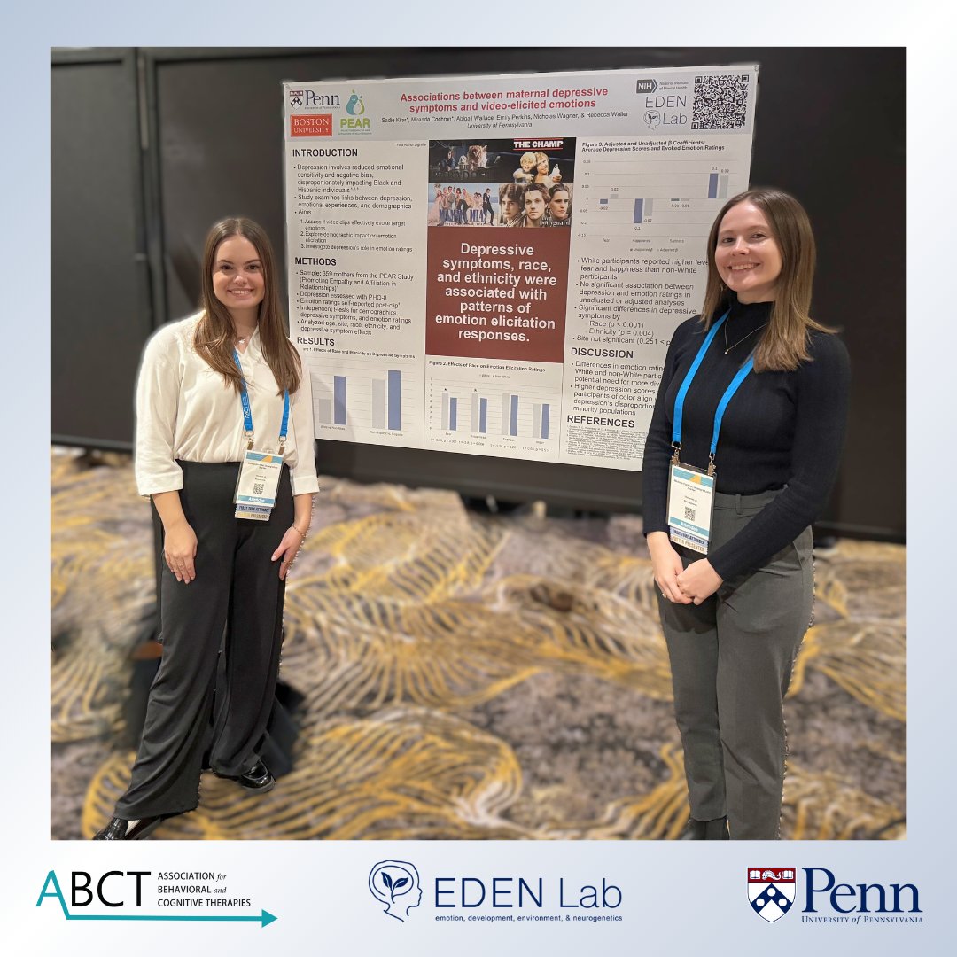 EDENLabUPenn's tweet image. A huge congrats to EDEN Lab seniors, Sadie Kilar and Miranda Cochran, for their presentation at the 58th annual convention for the Association for Behavioral and Cognitive Therapies (ABCT) in Philly last week!🌟✨