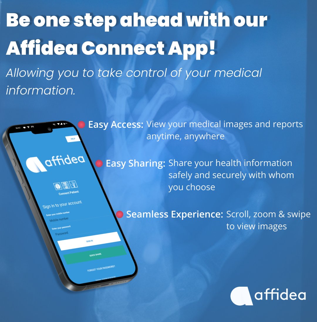 Discover the convenience of the Affidea Connect App! Easy Access: View your medical images and reports anytime, anywhere Easy Sharing: Share your health information with anyone, instantly Seamless Experience: Scroll, zoom &amp; swipe to view images #PatientCare #HealthTech