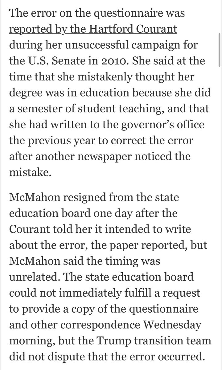 Linda McMahon, Trump’s pick for Education secretary, resigned from a state education board shortly after a newspaper asked her about her false claim that she had an education degree.