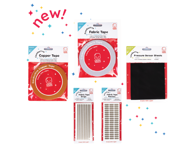 chibitronics's tweet image. We are excited to announce that our newest line of conductive products are more economical, convenient, and easy to use than ever! chibitronics.com/2024/11/19/new… #chibitronics #papercircuit #circuittapespools #conductivefabricstrips #conductivefabricpatches