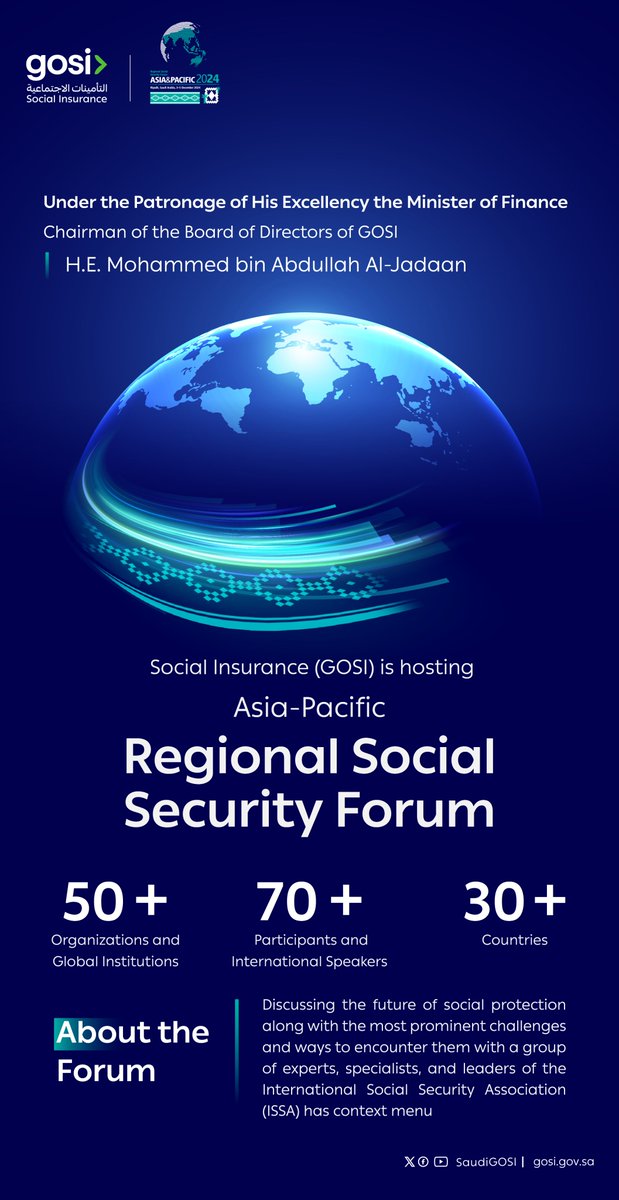 SaudiGOSI's tweet photo. Under the Patronage of the Minister of Finance and Chairman of the Board of Directors..
#GOSI Hosts the Regional Social Security Forum for Asia and the Pacific in December
#RSSF
🔗 | https://t.co/JkgD6fHFfU https://t.co/GD2GYsDNPr