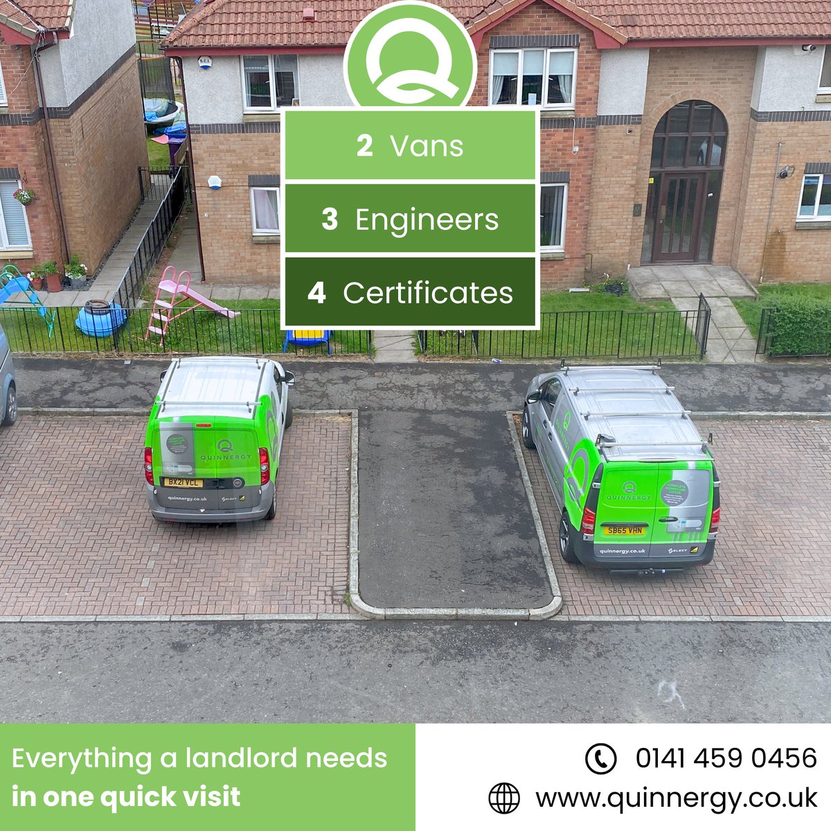 2 vans, 3 engineers, 4 certificates! 🏡✅

Whether it’s Gas Safety, EICR, PAT testing, or Legionella certificates, we’ve got you covered.

📞 Call us today at 0141 459 0456 or visit quinnergy.co.uk to learn more about our Landlord Certificate Package.

 #LandlordSolutions