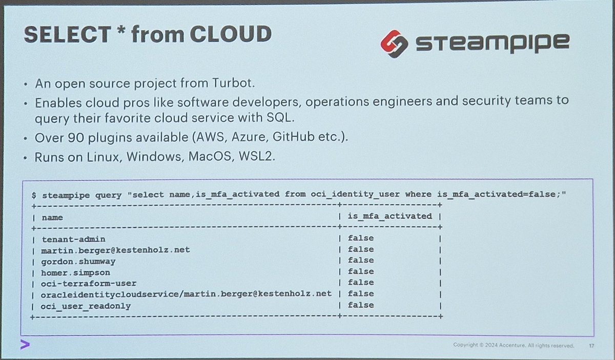 #OCI Cloud Security, its risks and a nice tool like <a href="/steampipeio/">Steampipe</a>  to report via a SELECT CLI. A lot of tips to improve the security configuration @martinberger_ch <a href="/Accenture/">Accenture</a> at #DOAG2024