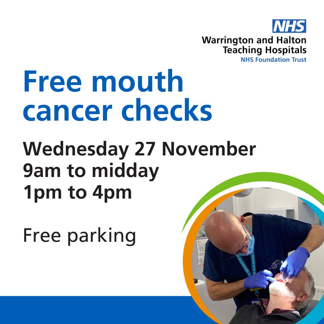 Cheshire and Merseyside Cancer Alliance (@cmcaalliance) on Twitter photo You can have a free mouth cancer check in #Warrington next week.
Warrington Hospital is offering the screenings as part of #MouthCancerActionMonth on Wednesday 27 November, 9am-12pm and 1pm-4pm.
Get it checked!
See whh.nhs.uk/news/get-your-β¦
<a href="/HWWarrington/">Healthwatch Warrington</a> <a href="/WarringtonBC/">Warrington Borough Council</a> <a href="/NHSCandM/">NHS Cheshire and Merseyside</a> You can have a free mouth cancer check in #Warrington next week.
Warrington Hospital is offering the screenings as part of #MouthCancerActionMonth on Wednesday 27 November, 9am-12pm and 1pm-4pm.
Get it checked!
See whh.nhs.uk/news/get-your-β¦
<a href="/HWWarrington/">Healthwatch Warrington</a> <a href="/WarringtonBC/">Warrington Borough Council</a> <a href="/NHSCandM/">NHS Cheshire and Merseyside</a>